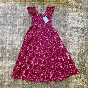 Hill House Nap Dress in burgundy botanical print ruching floral